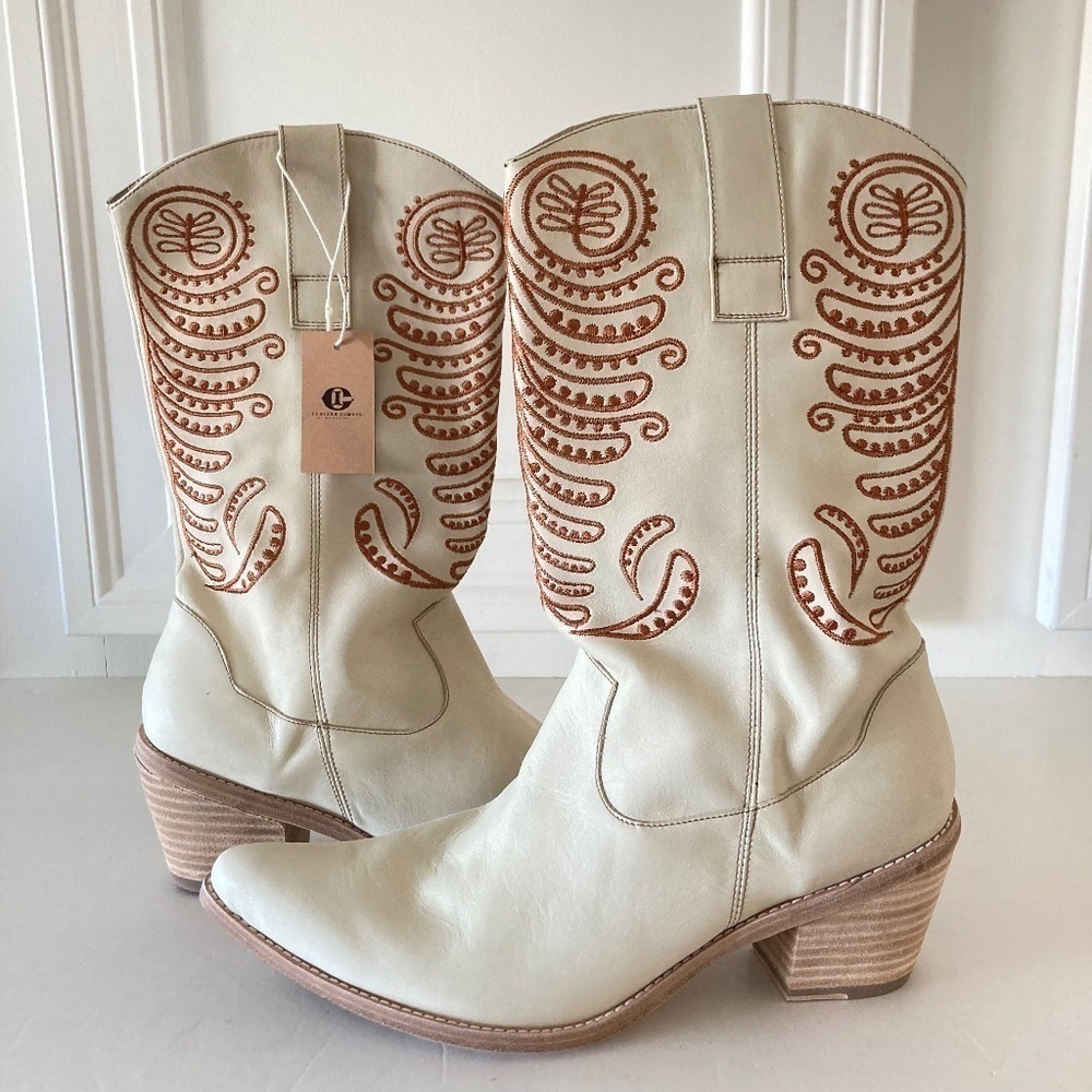 NWT Italian Cowboy Marco Delli Huyana Ivory Leather Embroidered Boots Sz 40